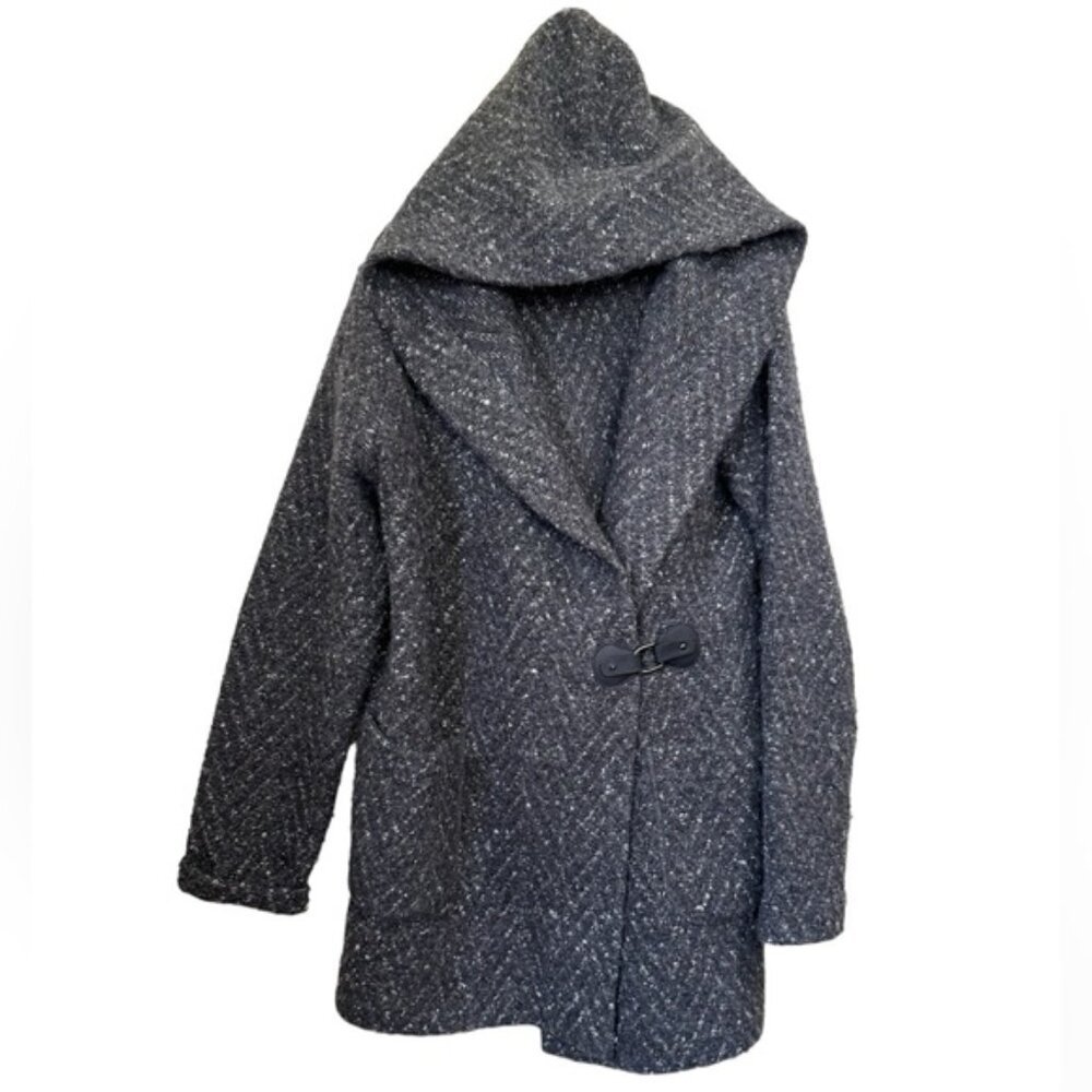 PAUL COSTELLOE Wool Knit Jacket Cardigan Hood Leather Sweater Pocket Shawl 10